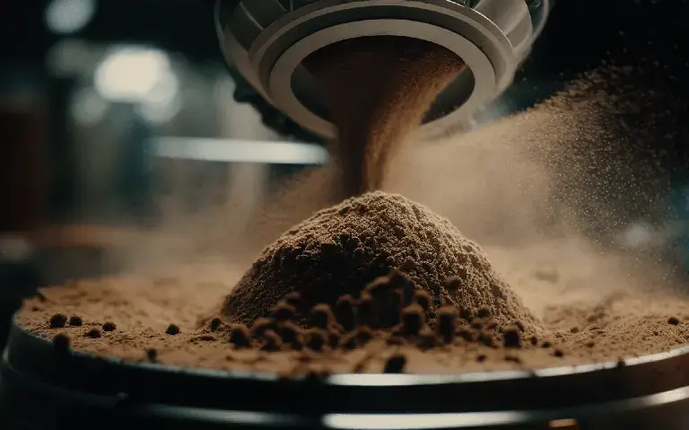 A machine pouring coffee powder into a container