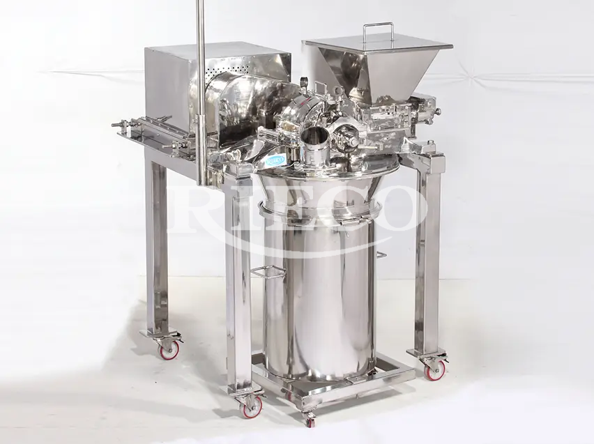 A stainless steel Micro Pulveriser Machine with a stainless steel bowl, capable of producing 1000 Kg/hr with a maximum power of 75 HP